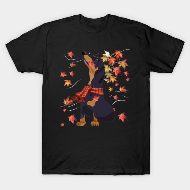 Maple Dog Leaf Fall Hello Autumn Funny Dachshund Lover T-Shirt by MarrinerAlex